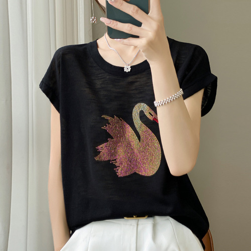 2026 summer new women's clothes new knitted sweater, bamboo hemp short-sleeved shirt, women's T-shirt, women's round collar, hot drilling swan