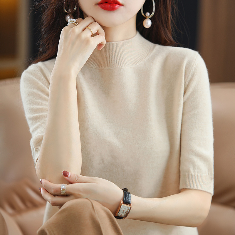 鄂尔多市春秋半高领五分袖羊毛针织衫女毛衣中袖薄打底衫|undefined