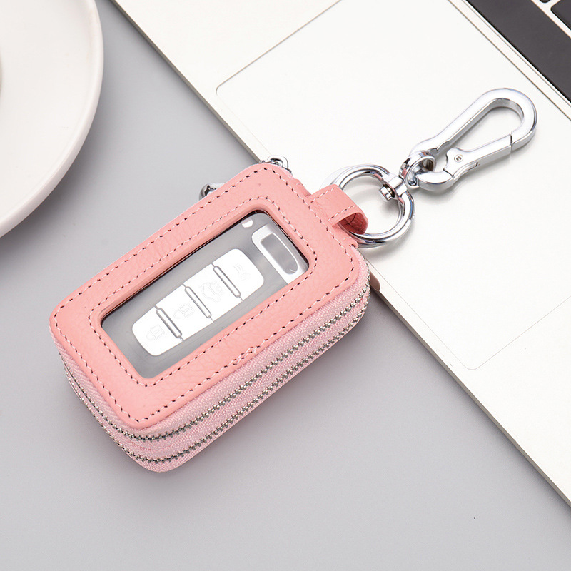 Primera capa de piel de vaca clave caso de doble capa patrón de Litchi clave caso cuero genuino llavero de gran capacidad unisex clave caso
