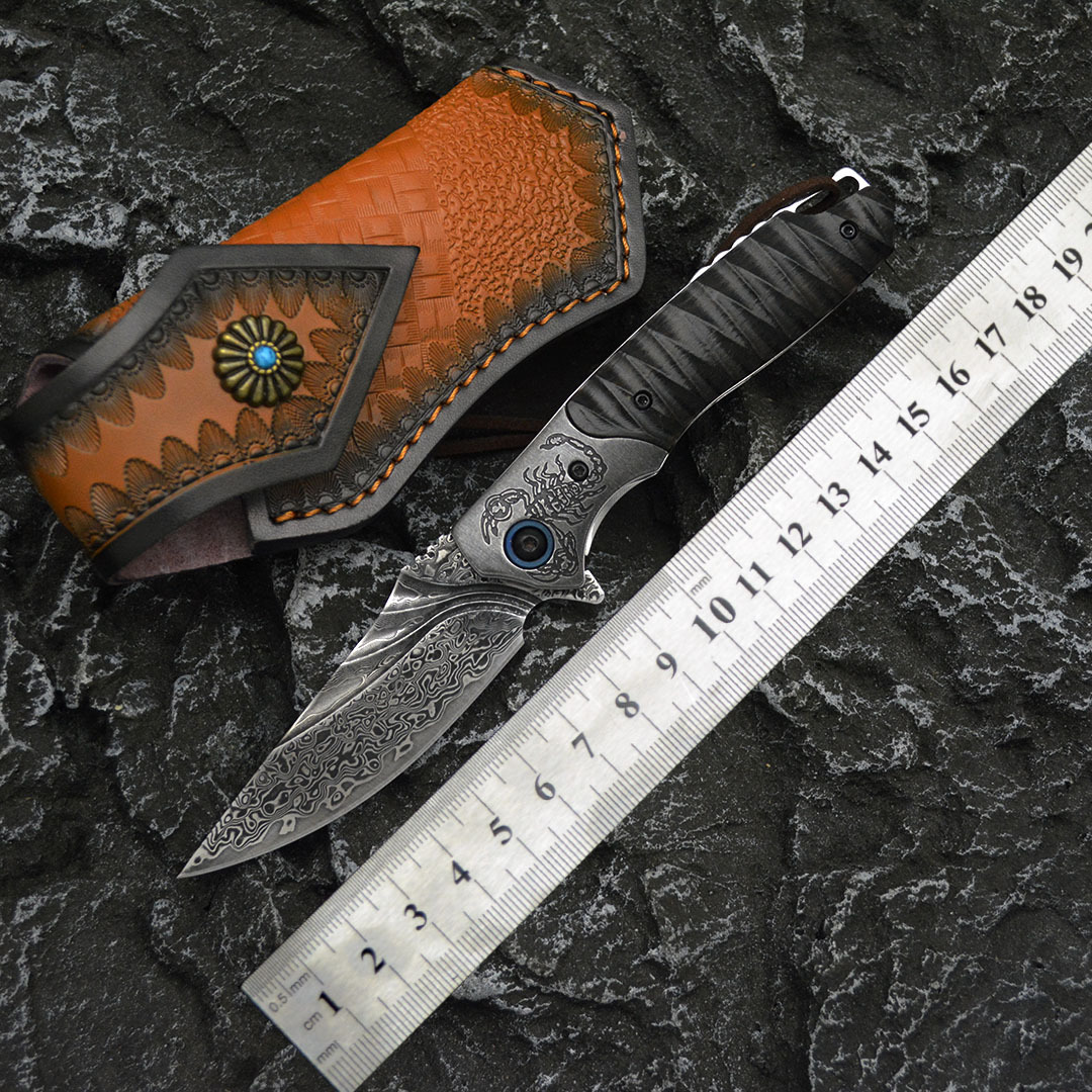 灵蝎大马士革钢折刀高硬度锋利小刀户外刀具水果刀露营求生折叠刀