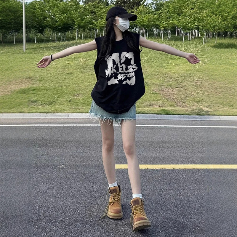American-Style Large-Size Vest T-Shirt for Women, Plus-Size Summer Retro Spicy Girl Style Loose Sleeveless Sports Top for Outerwear