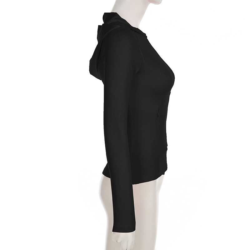 Solid Color Sports Fitness Running Top Yoga Slim Fit Fall Winter Outer Wear Hooded Zipper T shirt for Women