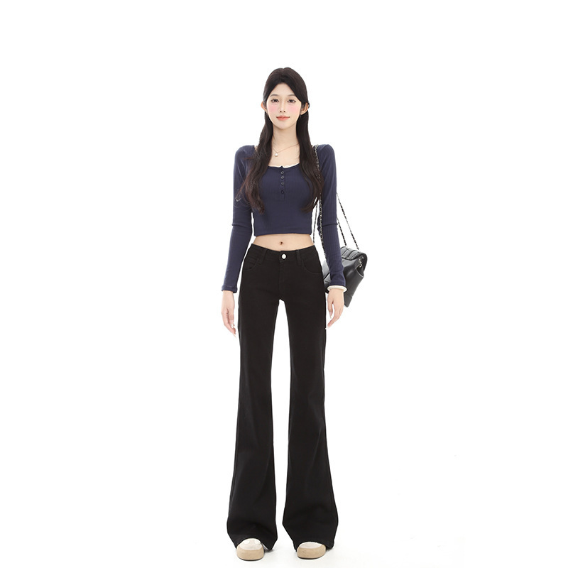 Spring and Autumn New Style Tall American-Style Hot Girl Black Slimming Low-Waist Slightly Flared Floor-Length Jeans for Women Spring and Autumn New Style Tall American-Style Hot Girl Black Slimming Low-Waist Slightly Flared Floor-Length Jeans for Women