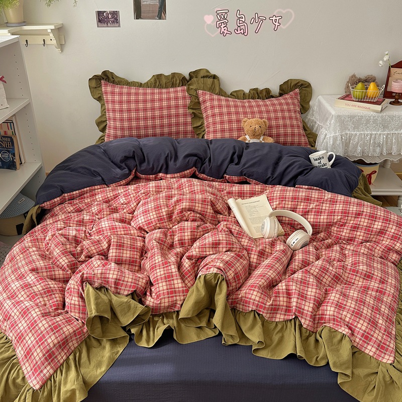 Korean-Style Ins Retro Four-Piece Set Single/Double Lace Duvet Cover Bed Sheet Skin-Friendly Washed Cotton Student Dormitory Three-Piece Set