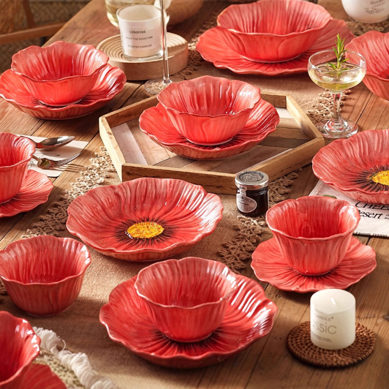 Red Poppy High-Looking Tableware Set Flower Household Plate Large Soup Bowl Ceramic Bowl Dessert Western Food Plate Red Poppy High-Looking Tableware Set Flower Household Plate Large Soup Bowl Ceramic Bowl Dessert Western Food Plate