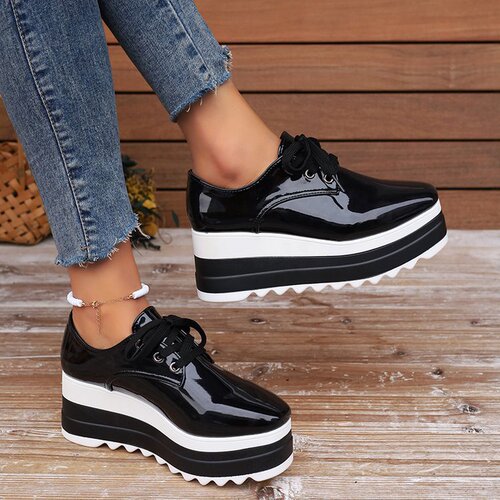 Plus-size platform mule shoes for women—autumn/winter collection, featuring lace-up design, square toe, patent leather finish, and dramatic wedge heels for added height.
