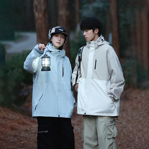 Spring and Autumn Men and Women Loose Fit Plus Size Solid Color Striped Waterproof Couple's Down Jackets with Detachable Hood, Sports and Leisure Outerwear