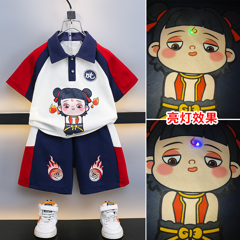 7202 traje de dibujos animados para niños guapos verano manga corta para niños Nezha 2025 nuevos pantalones cortos para bebés camisa POLO marea