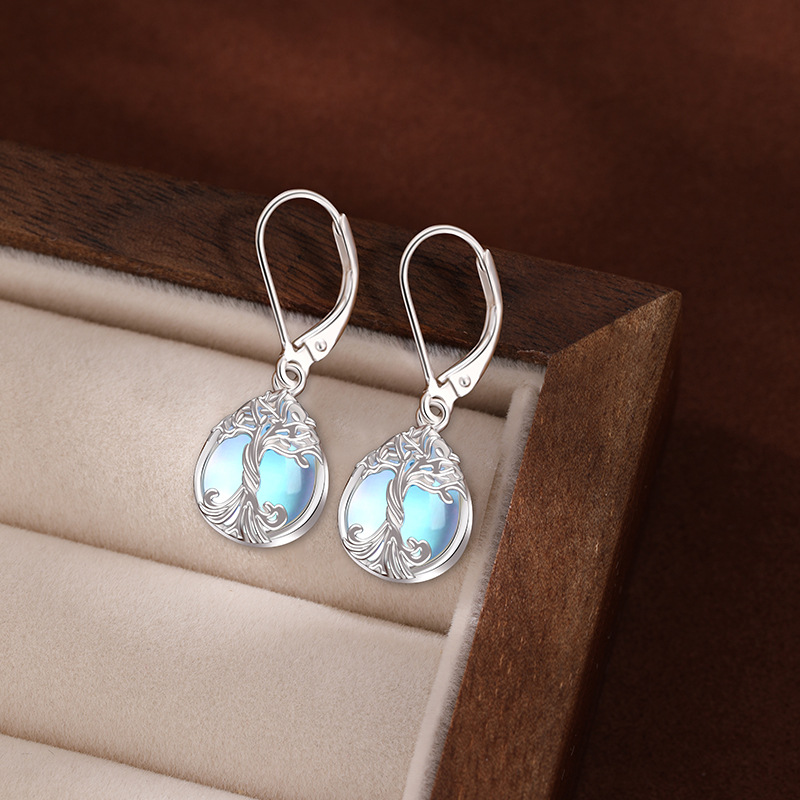 925 plata esterlina pendientes de piedra de luna para mujeres Europa y América ligera lujo pendientes de alta sensación Amazon transfronterizos árbol de la vida pendientes