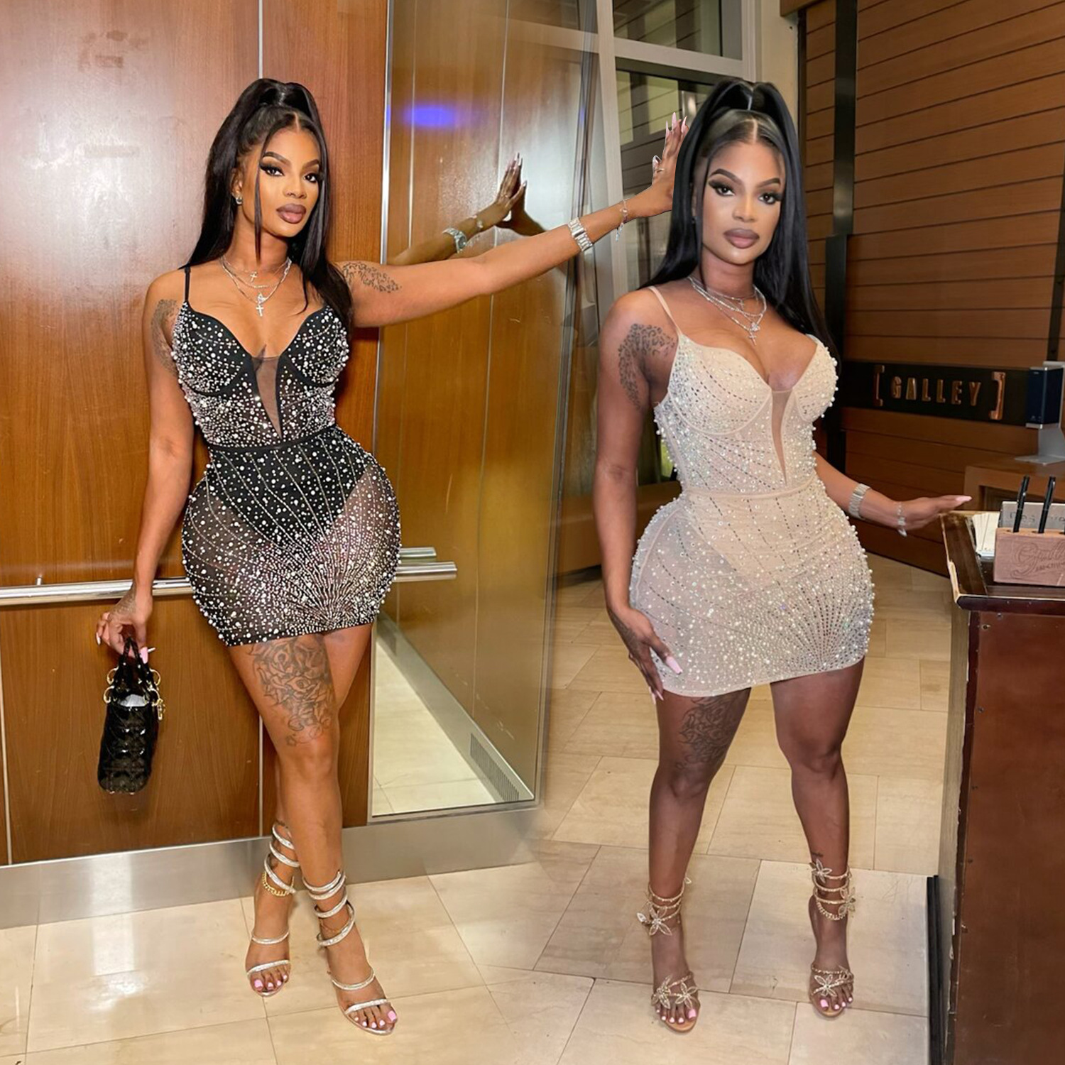 C6602 AliExpress Amazon Europa y América moda de las mujeres color sólido rhinestone malla sin mangas suspender falda vestido