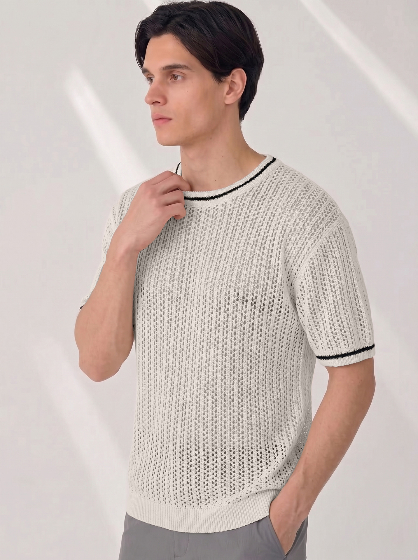 Herren-Sommerpullover mit Lochmuster, Strickmuster, Rundhalsausschnitt, Kurzarm, vielseitiger Stil, atmungsaktives Oberteil_voghion.com