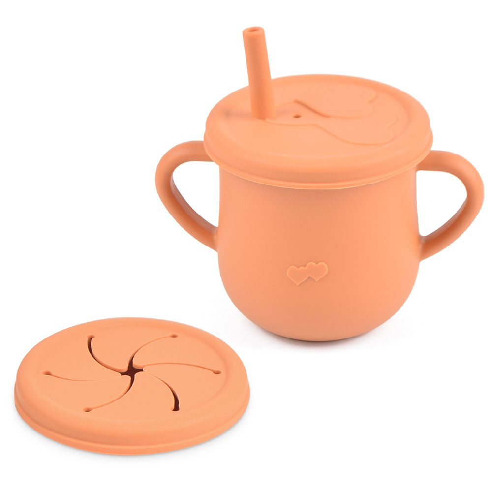 Silicona de grado alimenticio para niños snack Cup mango binaural portátil resistente a la caída con taza de paja de bebé taza de bebida de silicona