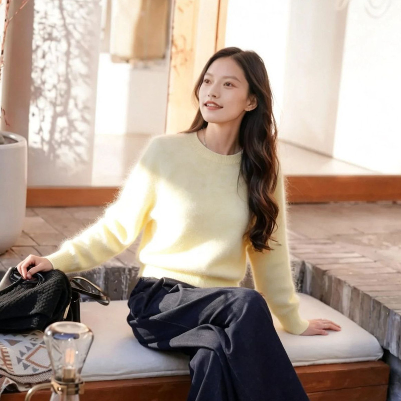 5% Mulberry Silk, 5% Cashmere, 90% Wool Brushed Sweater, Lazy Loose Fit, Versatile for Women, Direct Sales from Puyuan Factory, Cashmere Brushed