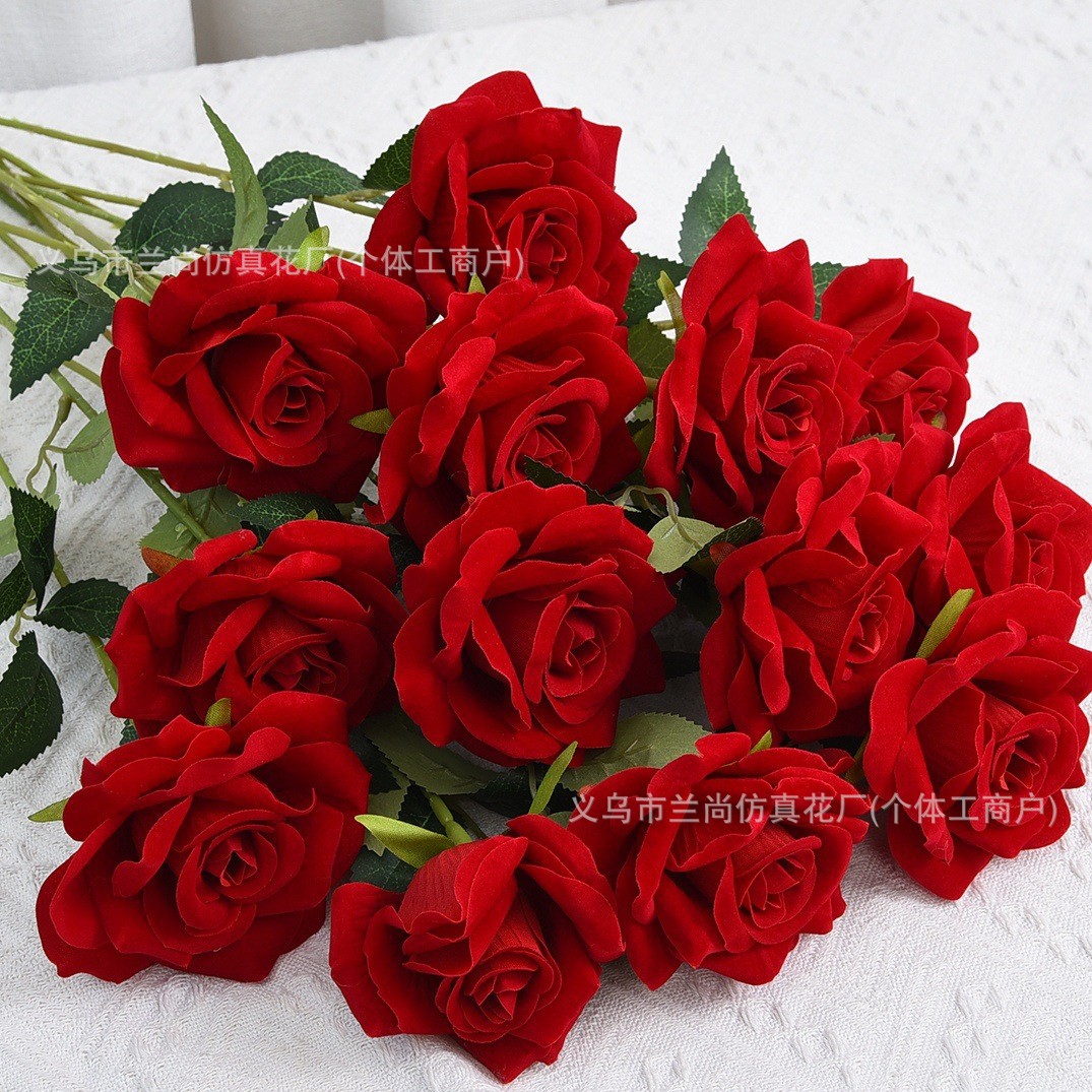 跨境仿真绒布玫瑰花家居婚礼假花人造手感婚庆布置瀑布玫瑰仿真花