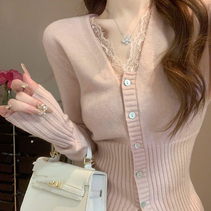 Super Pretty Pink V-Neck Lace Knitted Bottoming Shirt for Women, Sexy and Stylish, Slimming Look and Inner Cardigan Top Super Pretty Pink V-Neck Lace Knitted Bottoming Shirt for Women, Sexy and Stylish, Slimming Look and Inner Cardigan Top