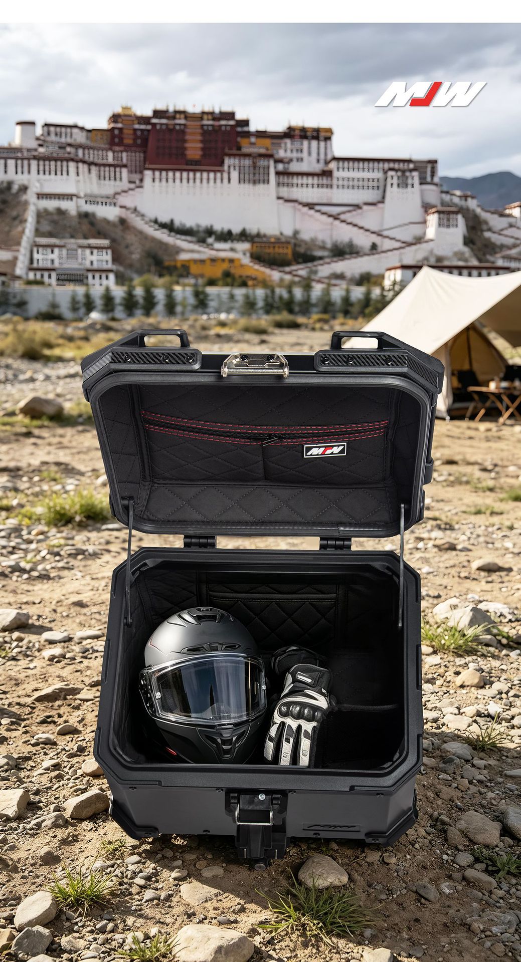 Mjw Embossed Anodized Black Bm Lock 45L55L Quick-Release Motorcycle Aluminum Alloy Tail Box Waterproof Trunk Storage Box