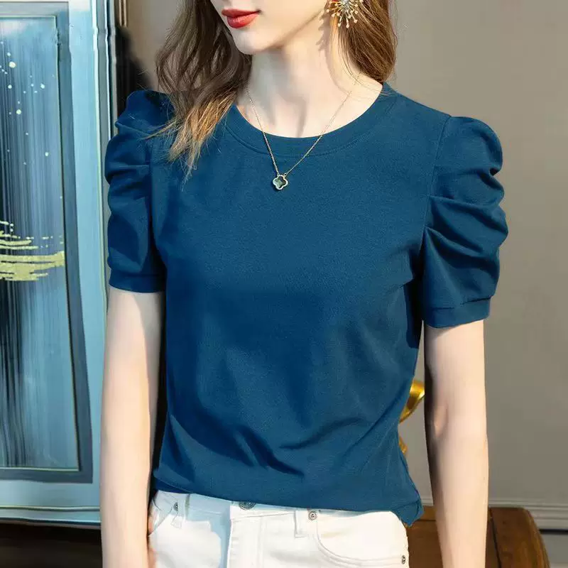 Cotton summer 2025 new short-sleeved shirt for women round neck T-shirt French puff sleeves fashionable top for women