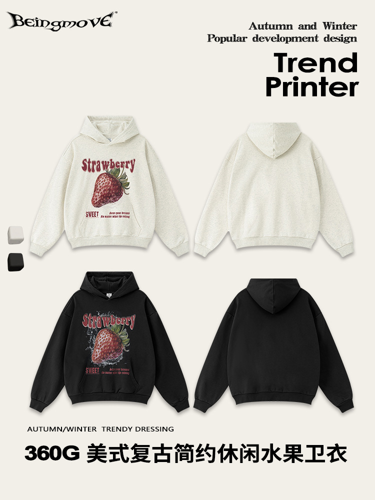 2025 otoño estilo americano de moda alta calle delgada suelta viento neutro impresión de fresa sudadera con capuchón chaqueta de comercio exterior para hombres