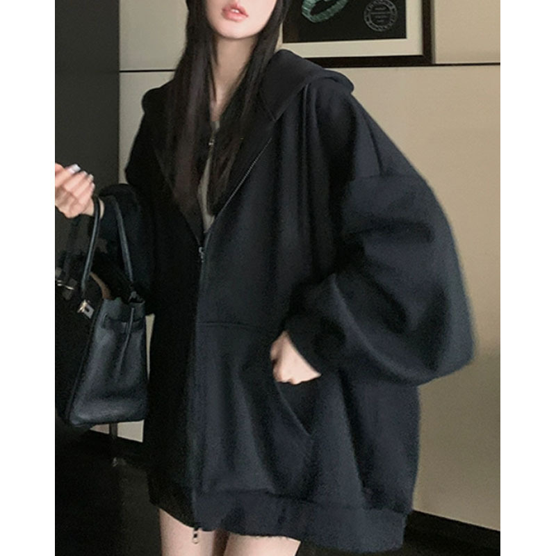 黑色连帽拉链卫衣外套女冬季加绒加厚慵懒风休闲宽松上衣2025秋季|undefined