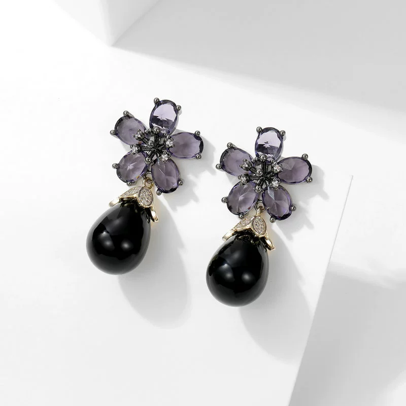 Retro earrings, elegant silver needle, zirconium from pearl, French retro style, silver 925 sample, flowered