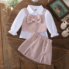 2025秋季新款女童学院风衬衫蝴蝶结背心A摆裙套装三件套