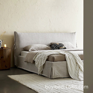 Removable and Washable Linen, Cotton and Linen Soft-Packed Fabric Bed, Wabi-Sabi Mid-Century Style Master Bedroom, Simple B&B Double Bed, Normcore Bed Frame