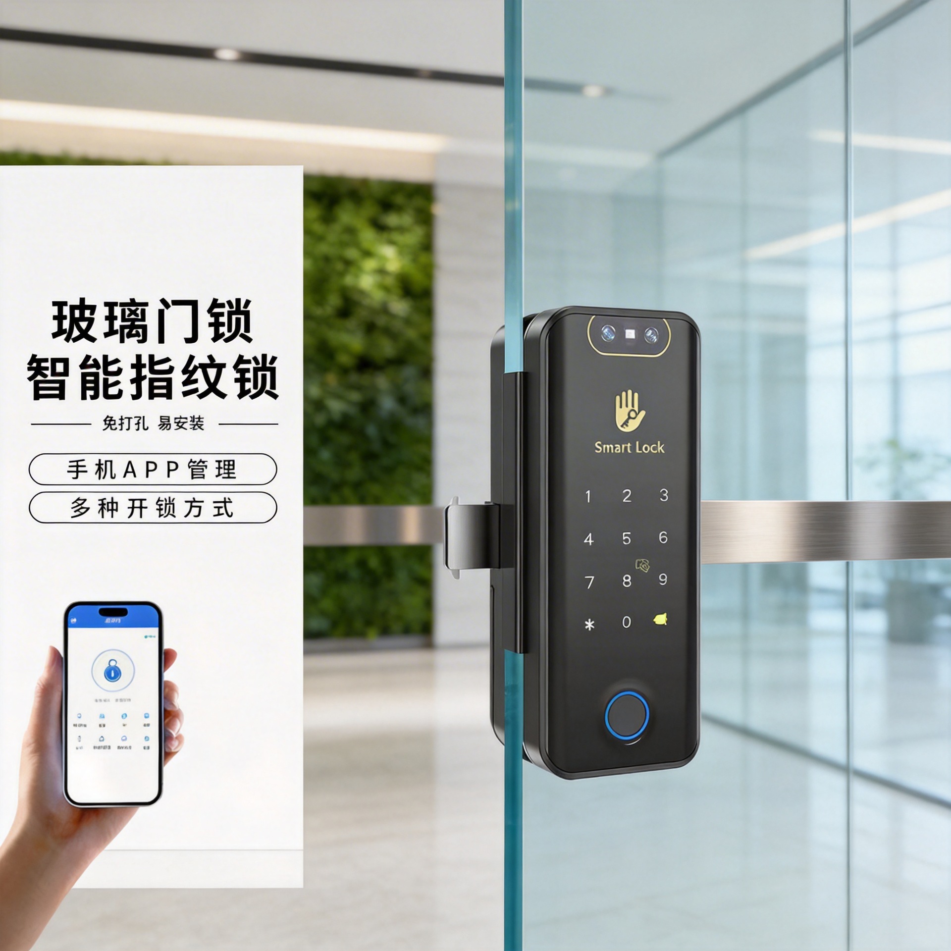 人脸通通玻璃门指纹锁  免开孔单开双开蓝牙办公室电子锁智能锁