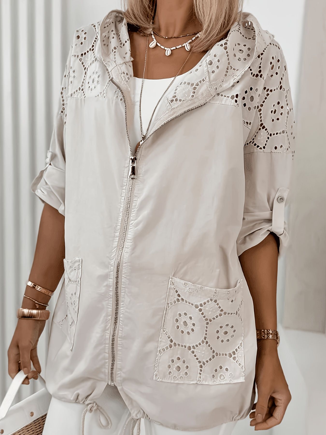 Casual damas chaqueta con capuzas delgada encaje de empalme cremallera suelta cardigan de manga larga image 2