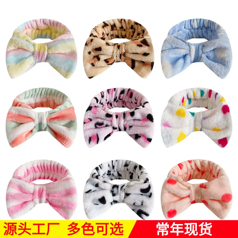 欧美跨境蝴蝶结束发带豹纹波点条纹头箍女士洗脸化妆毛绒发饰批发