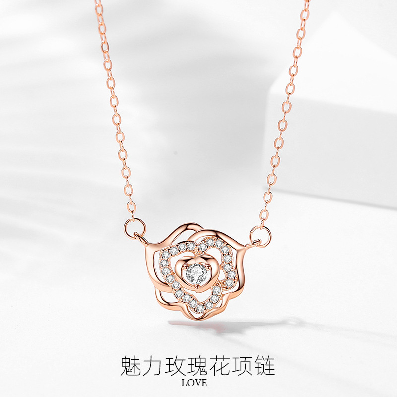 2024 nueva venta al por mayor s925 Rose colgante collar de las mujeres simple fresco Internet celebridad elegante clavícula cadena