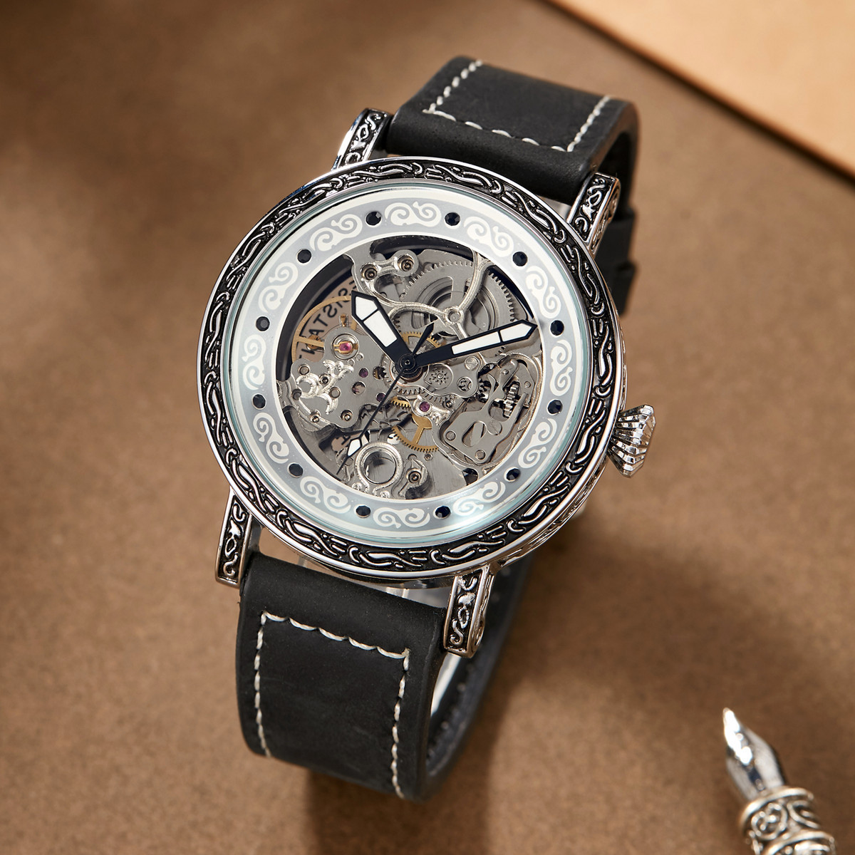 Men's Automatic Mechanical Watch With Leather Strap And Steel Case_voghion.com