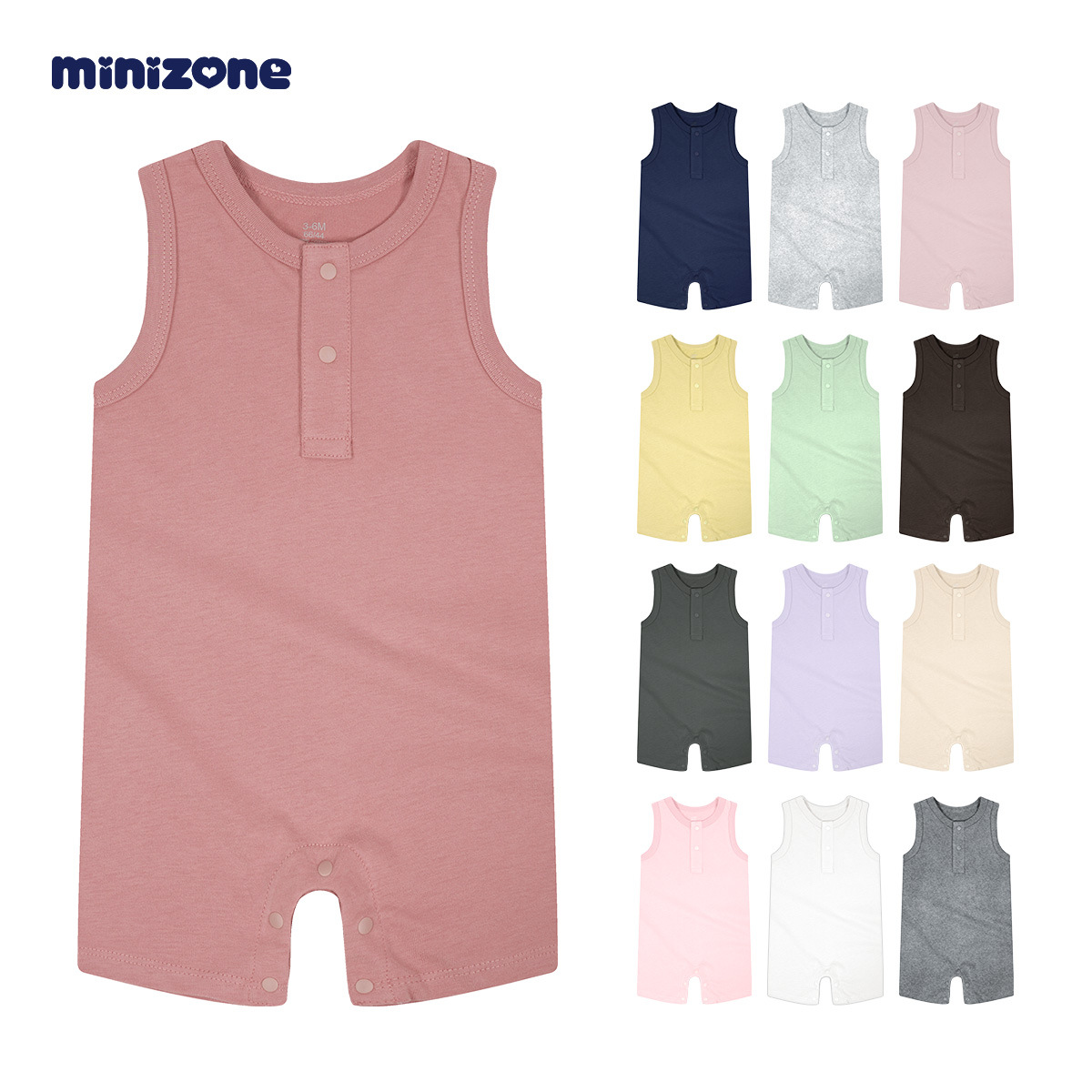 Minizone Baby Jumpsuit Pure Cotton Baby Summer Thin Clothes Pure Color Baby Vest Vest Crawling Clothes