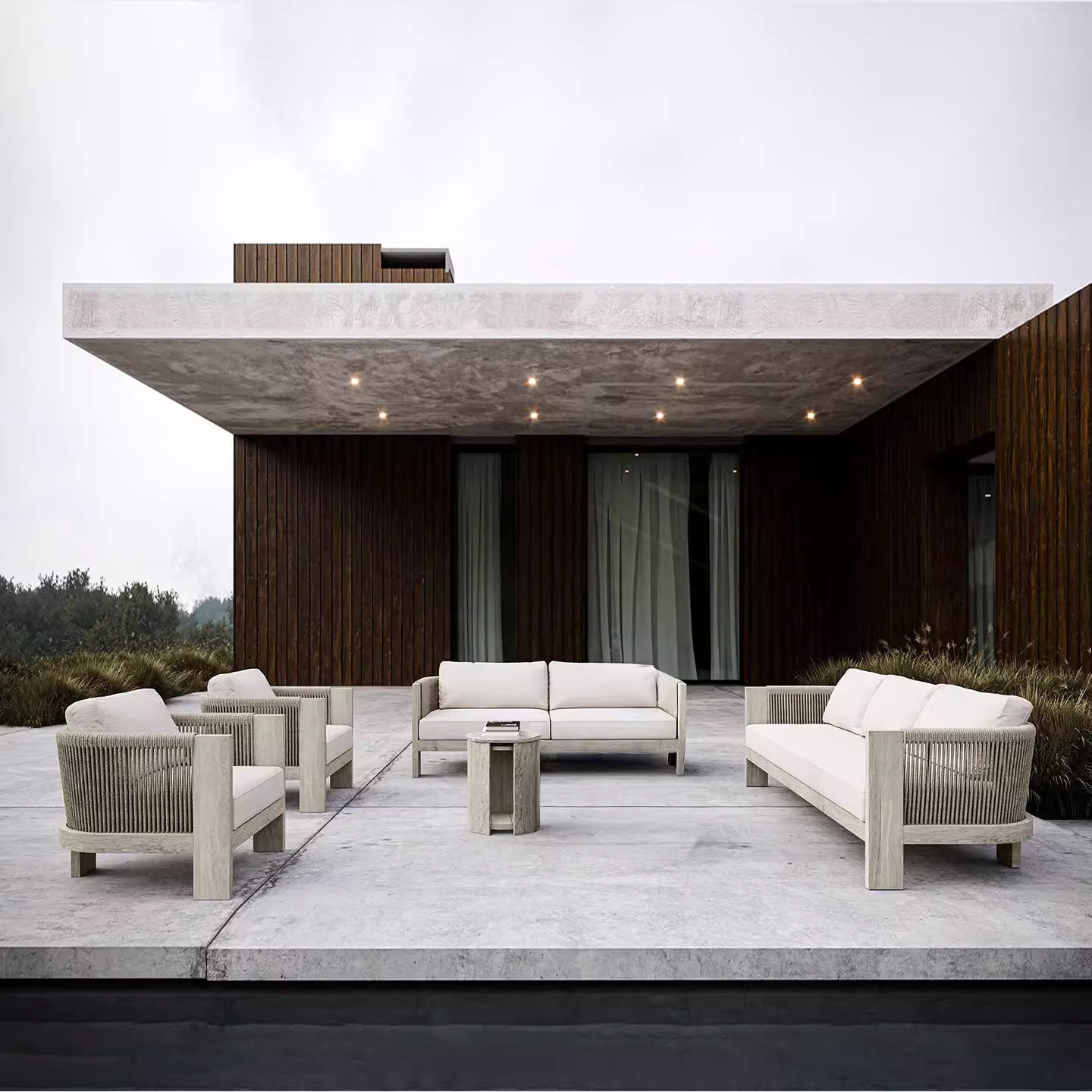 Combinación de sofá de caña al aire libre patio ocio jardín terraza proyecto de hotel residencial al aire libre muebles impermeables de teca