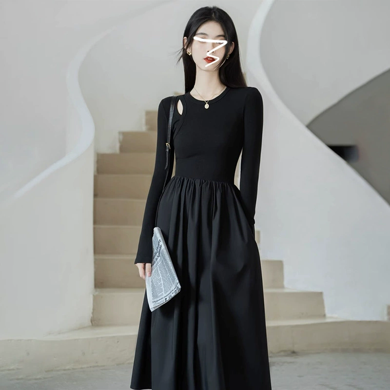 Черное трикотажное платье в стиле Хепберн с длинными рукавами, лето 2025, весенняя одежда, новая женская миниатюрная длинная юбка