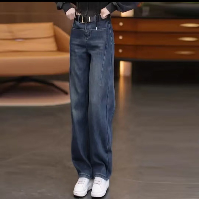 流行弯刀牛仔裤女2025秋季新款高腰显瘦前口袋百搭垂感窄版阔腿裤|undefined