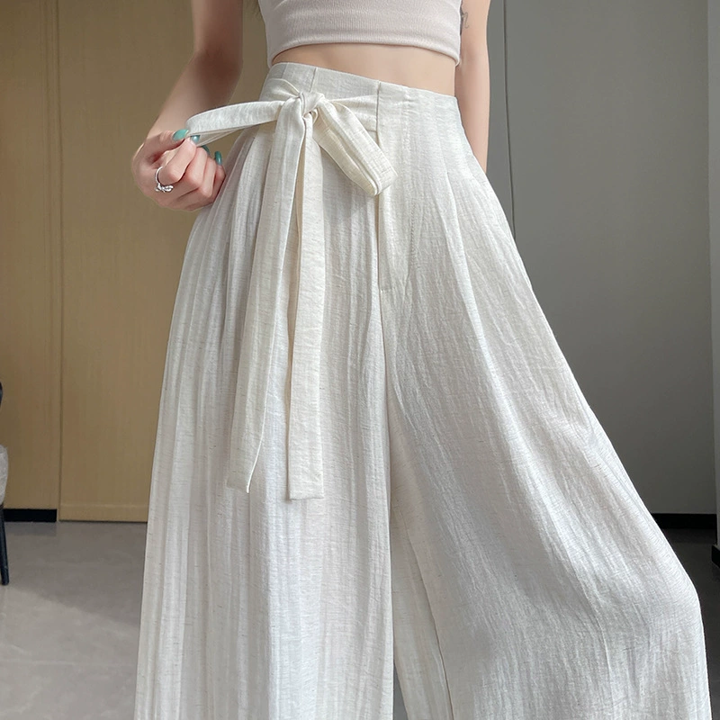 Настоящая фотография широких женских брюк-кюлотов из ледяного шелка, хлопка и льна, летние повседневные брюки Yamamoto с тонкими ремешками и высокой талией длиной до пола.