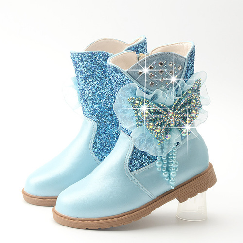Autumn and winter children's boots autumn and winter new Elsa princess boots baby plus velvet two-cotton children's shoes bow girls' short boots