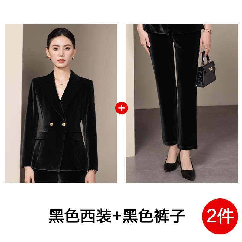 高端酒红色丝绒西装套装女春职业装气质女神范上班工作服正装西服|undefined