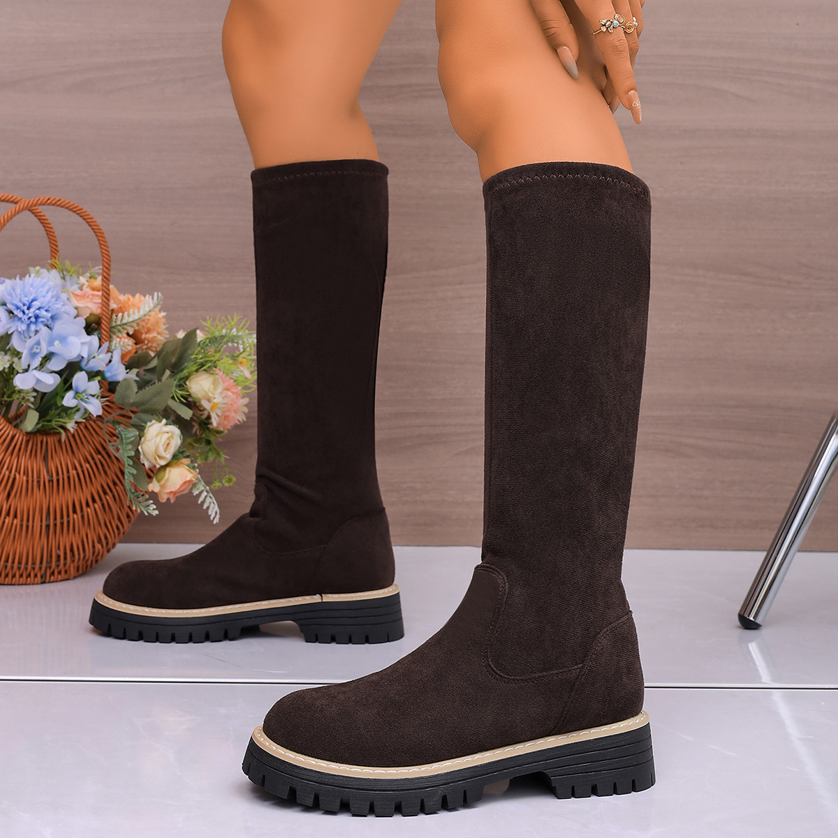 Women's Winter Elastic Over The Knee Boots Round Toe Platform Slimming Plus Size Shoes Size 43 New Style_voghion.com