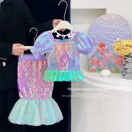 女童短袖套装夏装2025新款儿童泡泡袖上衣半身裙美人鱼六一表演服