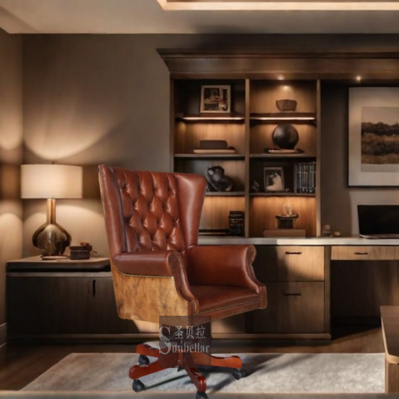 American-Style Vintage Genuine Leather Office Chair with Top-Grain Cowhide Backrest, Cowhide Fur, Rotatable Lift, Pull-Tab Sofa Swivel Chair
