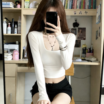 American Style Round Neck Spice Shoulder T-shirt Women's Autumn New Retro Pure Slim Long Sleeve Slim Short Top