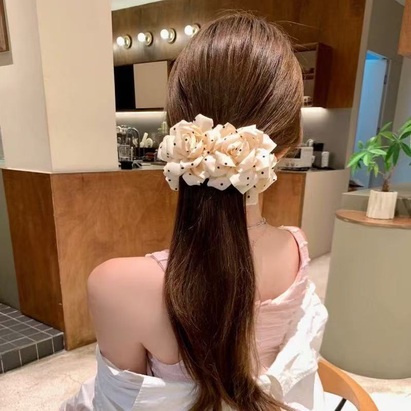 Red Tea Rose ~ Brown Polka Dot Flower Banana Clip for Women with Full Back of Head High Ponytail Vertical Clip 2025 Autumn and Winter New