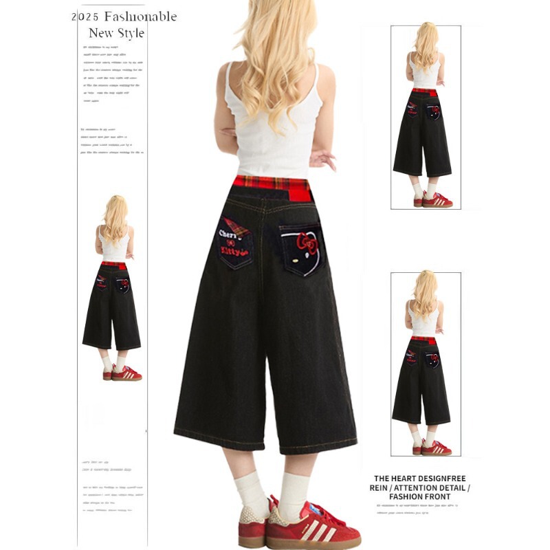 Kitty Cat Embroidery Black Cropped Jeans for Women, Summer Design, Loose American-Style Wide-Leg Shorts, Five-Point Pants Kitty Cat Embroidery Black Cropped Jeans for Women, Summer Design, Loose American-Style Wide-Leg Shorts, Five-Point Pants