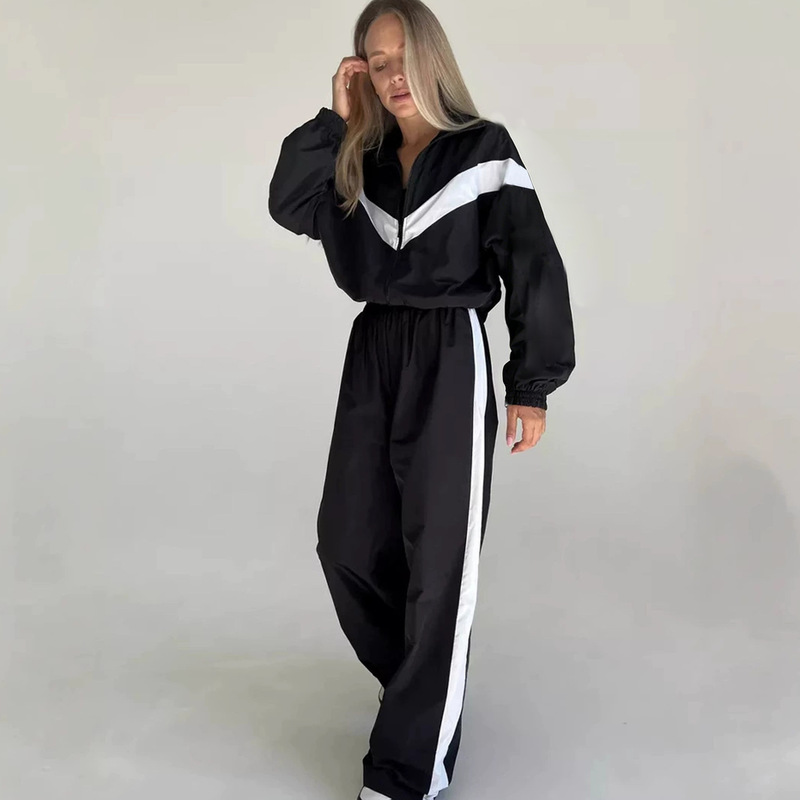 Fashion Casual Amazon Women's Cross-border European and American Long Sleeve Color Contrast Sports Cardigan Trousers suit Street Style suit Fashion Casual Amazon Women's Cross-border European and American Long Sleeve Color Contrast Sports Cardigan Trousers suit Street Style suit