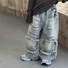 儿童牛仔裤春秋款2025新款男女童牛仔裤假破洞痞帅男童直筒牛仔裤