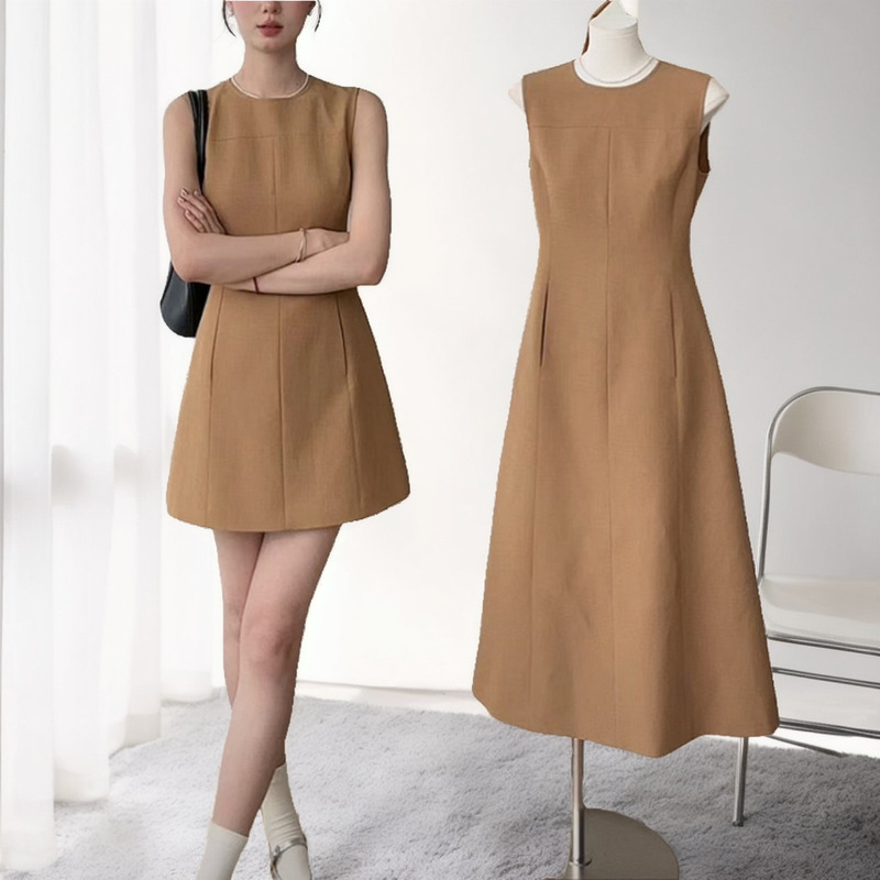 Korean-Style Brown Spaghetti Strap Dress for Wealthy Young Ladies, Sleeveless Dress, 2025 Summer New Style, Elegant and Chic