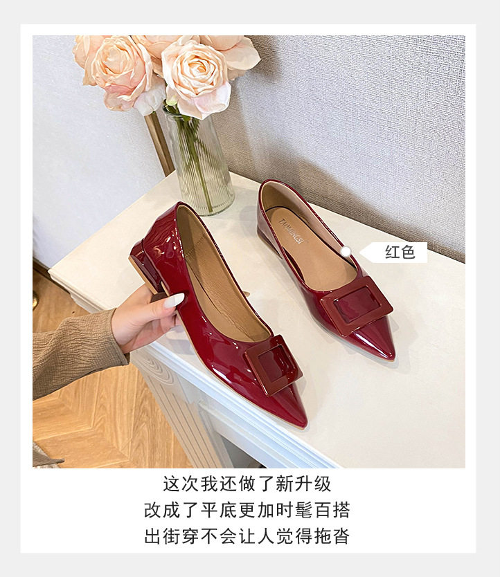 Giày cao gót nữ mũi nhọn khóa vuông gót thấp chất liệu da mềm — màu đen, màu đỏ chi tiết 9