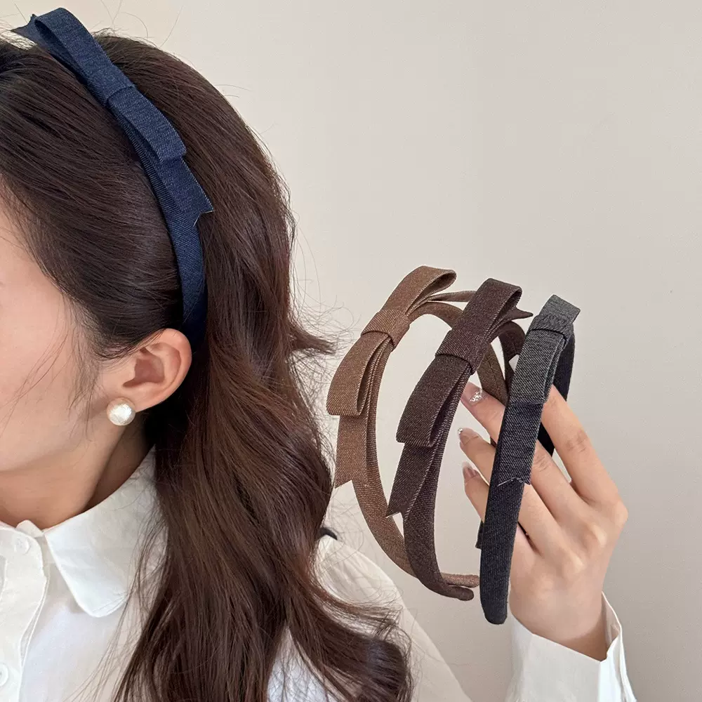 韩版细边布艺蝴蝶结头箍气质百搭纯色防滑发箍刘海碎发压发发卡女