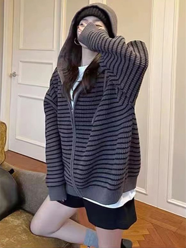 跨境抽绳连帽条纹毛衣女秋冬韩版宽松慵懒风休闲针织开衫上衣外套|undefined